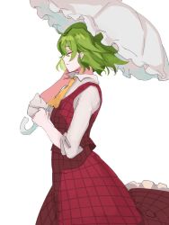 Rule 34 | 1girl, ascot, bad id, bad twitter id, closed eyes, from side, green hair, highres, holding, holding umbrella, kazami yuuka, parasol, plaid, plaid skirt, plaid vest, profile, red skirt, red vest, shirt, short hair, simple background, skirt, solo, tohoyuukarin, touhou, umbrella, vest, white background, yellow ascot