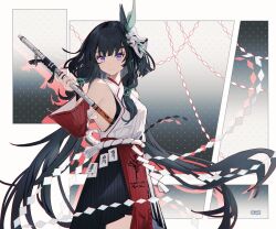 Rule 34 | 1girl, bare shoulders, black hair, breasts, detached sleeves, flute, hair ribbon, highres, holding, holding instrument, instrument, long hair, mask, mask on head, medium breasts, nontraditional miko, ofuda, ofuda on clothes, oni mask, punishing: gray raven, purple eyes, ribbon, selena (punishing: gray raven), sideboob, sidelocks, tress ribbon, very long hair