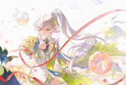 Rule 34 | + +, 1girl, absurdres, blush, bouquet, bubble, cowboy shot, detached sleeves, dress, floating hair, flower, from behind, genshin impact, green eyes, green flower, green sleeves, grey hair, hair between eyes, high side ponytail, highres, holding, holding bouquet, long hair, looking at viewer, looking back, lu bai (lugugu99), nahida (genshin impact), open mouth, short dress, short sleeves, sidelocks, sleeveless, sleeveless dress, solo, white dress