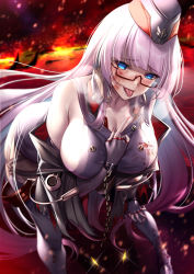 Rule 34 | azur lane, bare shoulders, blood, blood on clothes, blood on face, blue eyes, blunt bangs, breasts, chain, dress, fingerless gloves, gloves, gneisenau (azur lane), gneisenau (meta) (azur lane), hat, highres, ken ill, large breasts, leaning forward, long hair, looking at viewer, nail polish, purple hair, red nails, semi-rimless eyewear, sleeveless, sleeveless dress, smile, tongue, tongue out, very long hair