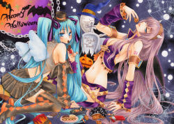 Rule 34 | 2girls, aoi yuuka (ao no kokoro), aqua eyes, aqua hair, arm support, bat (animal), bat wings, black skirt, blush, boots, breasts, candy, chain, checkerboard cookie, cleavage, cookie, detached sleeves, eating, food, ghost, hair ribbon, hairband, halloween, happy halloween, hat, hatsune miku, horns, kneeling, lace, lace-trimmed skirt, lace trim, long hair, megurine luka, midriff, mini hat, mini top hat, multiple girls, navel, necktie, patterned legwear, pink hair, ribbon, silk, skirt, spider web, thigh boots, thighhighs, tombstone, tongue, top hat, traditional media, trick or treat, twintails, very long hair, vocaloid, wings