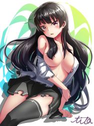 Rule 34 | 1girl, :o, arm at side, arm support, artist name, bare shoulders, black hair, black skirt, black thighhighs, blunt bangs, blush, breasts, breasts apart, brown hair, collarbone, head tilt, highres, isokaze (kancolle), kantai collection, large breasts, legs together, long hair, looking at viewer, miniskirt, neckerchief, no bra, off shoulder, open clothes, open mouth, open shirt, pleated skirt, shirt, short sleeves, simple background, single thighhigh, sitting, skirt, soba chatarou (tita), solo, thighhighs, torn clothes, very long hair, white background, white shirt