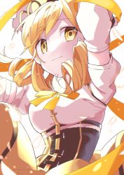 Rule 34 | 1girl, arms up, backlighting, blonde hair, breasts, buckle, closed mouth, clothes lift, corset, detached sleeves, dot nose, drill hair, entangled, glowing, highres, large breasts, light blush, light particles, light smile, looking at viewer, looking down, magical girl, mahou shoujo madoka magica, mahou shoujo madoka magica (anime), maruiusausagi, narrow waist, neck ribbon, puffy short sleeves, puffy sleeves, ribbon, short sleeves, simple background, skirt, skirt lift, solo, swept bangs, tomoe mami, twin drills, upper body, white background, yellow eyes, yellow ribbon, yellow skirt, yellow theme