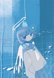 Rule 34 | 1girl, air bubble, blue hair, blue sailor collar, blue skirt, blunt bangs, bob cut, bubble, closed mouth, dot mouth, fish, from side, grey shirt, highres, indoors, leaning back, long sleeves, looking at viewer, neckerchief, original, pleated skirt, rope, sailor collar, school uniform, serafuku, shirt, short hair, sidelocks, skirt, solo, sskitaco, star-shaped pupils, star (symbol), symbol-shaped pupils, tile wall, tiles, underwater, white neckerchief