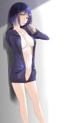 Rule 34 | 1girl, against wall, bare legs, between breasts, bikini, bikini under clothes, blue hair, blue jacket, breasts, cleavage, closed mouth, collarbone, commentary, cowboy shot, cup, digital media player, drinking, drinking straw, earbuds, earphones, grey background, gv natsuno, hand in pocket, highres, holding, holding cup, hood, hooded jacket, jacket, long sleeves, looking at viewer, medium breasts, mole, mole under eye, navel, nijisanji, open clothes, open jacket, shade, shizuka rin, short hair, simple background, solo, stomach, swimsuit, thighs, unzipped, virtual youtuber, white background, white bikini, yellow eyes