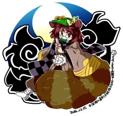 Rule 34 | 1girl, animal ears, biting, brown eyes, brown hair, byourou, checkered clothes, checkered scarf, fang, full moon, futatsuiwa mamizou, glasses, hat, leaf, leaf on head, long sleeves, looking at viewer, moon, mouth hold, night, object on head, pince-nez, raccoon ears, raccoon tail, scarf, scroll, short hair, smile, solo, tail, touhou, wide sleeves