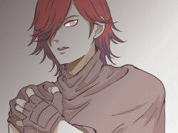 1boy black_cloak black_gloves clenched_hand cloak commentary digital_devil_saga fingerless_gloves gloves grey_background hair_behind_ear hair_over_one_eye hand_on_own_shoulder heat_(dds) looking_down male_focus one_eye_covered parted_lips red_eyes red_hair sanbonosrmkr slit_pupils solo upper_body