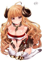 Rule 34 | 10s, 1girl, anila (granblue fantasy), breasts, brown eyes, brown hair, byakuya mika, cleavage, draph, closed eyes, granblue fantasy, highres, horns, long hair, looking at viewer, sheep horns, simple background, smile, solo, thick thighs, thighs, v arms, white background