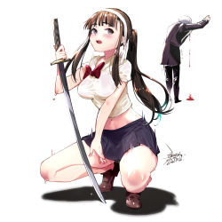 Rule 34 | 1boy, 1girl, blood, blush, breasts, brown hair, chinese commentary, commentary request, copyright request, dated, ejami, long hair, nosebleed, open mouth, ponytail, simple background, skirt, sword, weapon, wet, white background