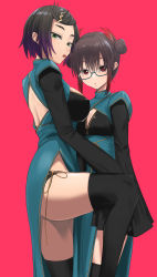Rule 34 | 2girls, absurdres, backless dress, backless outfit, black bra, black legwear, black panties, bra, breasts, brown hair, cleavage, double bun, dress, feet out of frame, framed breasts, glasses, gradient hair, green dress, green eyes, hair bun, highres, large breasts, leg up, looking at viewer, multicolored hair, multiple girls, original, panties, red background, red eyes, semi-rimless eyewear, short hair, side-tie panties, sidelocks, simple background, sleeves past fingers, sleeves past wrists, small breasts, standing, thighhighs, tonari no kishida, tongue, tongue out, turtleneck, turtleneck dress, underwear