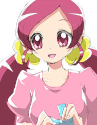Rule 34 | 10s, 1girl, :d, collarbone, hair ornament, hair scrunchie, hanasaki tsubomi, heartcatch precure!, holding, open mouth, owarine miku, pink eyes, pink hair, precure, puffy short sleeves, puffy sleeves, scrunchie, short sleeves, simple background, smile, sweater, white background