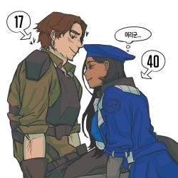 Rule 34 | 1boy, 1girl, age difference, aged down, ana (overwatch), artist request, bad id, bad twitter id, beret, captain amari, cassidy (overwatch), dark-skinned female, dark skin, eyepatch, facial tattoo, hat, long hair, overwatch, overwatch 1, simple background, smile, tattoo, white background