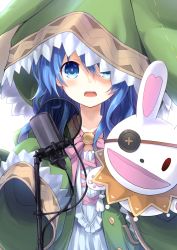 Rule 34 | 1girl, :o, absurdres, animal hood, bad id, bad pixiv id, blue eyes, blue hair, blush, rabbit hood, coat, commentary request, date a live, dress, green coat, hair between eyes, highres, hood, hood up, long hair, looking at viewer, microphone, open clothes, open coat, solo, very long sleeves, white dress, wide sleeves, yoshino (date a live), yoshinon