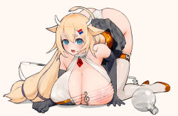 Rule 34 | 1girl, @ @, animal ears, bare shoulders, blonde hair, blue eyes, bottle, breast rest, breasts, cleavage, crying, elbow gloves, embarrassed, female focus, flask, gem, gloves, hair ornament, hairclip, high heels, hiragana oufu, horns, huge breasts, instrument request, jewelry, long hair, looking at viewer, miniskirt, nipple slip, nipples, open mouth, original, red gemstone, round-bottom flask, sepia background, simple background, skindentation, skirt, solo, tears, thick eyebrows, thighhighs, treble clef, very long hair, white background