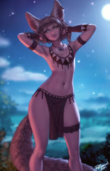 Rule 34 | 1girl, animal ears, armpits, blunt bangs, blurry, blurry background, brown eyes, brown hair, cleft of venus, flat chest, fox ears, fox girl, fox tail, highres, jewelry, khiara (personal ami), lips, loincloth, looking at viewer, navel, necklace, night, original, outdoors, pelvic curtain, personal ami, short hair, smile, solo, standing, tail, thigh strap, tooth necklace, tribal, vambraces