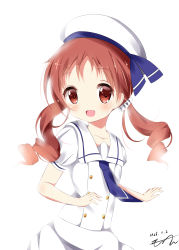 Rule 34 | 1girl, :d, absurdres, bad id, bad pixiv id, beret, blue necktie, blush, brown eyes, brown hair, collarbone, commentary request, dated, gochuumon wa usagi desu ka?, hair ornament, hair scrunchie, hat, highres, kafuu chino&#039;s school uniform, long hair, looking at viewer, low twintails, mottsun (i 40y), natsu megumi, necktie, open mouth, puffy short sleeves, puffy sleeves, ringlets, school uniform, scrunchie, shirt, short sleeves, signature, simple background, skirt, smile, solo, twintails, white background, white hat, white scrunchie, white shirt, white skirt
