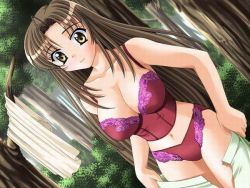 Rule 34 | 1girl, blush, breasts, brown eyes, brown hair, bush, bustier, character request, cleavage, collarbone, forest, kanekiyo miwa, large breasts, lingerie, long hair, looking at viewer, nature, navel, open mouth, panties, panties over pantyhose, pantyhose, red panties, skirt, standing, tree, trouble witch&#039;s!!, underwear, undressing, white skirt