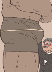 Rule 34 | 2boys, bara, black hair, blush, boxers, bulge, close-up, crotch, dobito mn, facial hair, formal, giant, giant male, glasses, grey hair, highres, male focus, male underwear, measuring, multiple boys, muscular, mustache, orc, original, short hair, size difference, sketch, suit, tape measure, thick thighs, thighs, underwear, underwear only