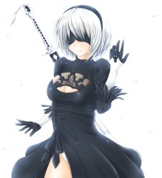 Rule 34 | 1girl, black dress, blindfold, breasts, cleavage, cleavage cutout, clothing cutout, cowboy shot, dress, gloves, hairband, large breasts, leotard, nier (series), nier:automata, short hair, silver hair, simple background, solo, sword, weapon, weapon on back, white background, white leotard, yasuka (sss-yaska-snowwind), 2b (nier:automata)