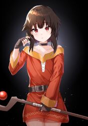 Rule 34 | 1girl, :t, belt, belt buckle, black background, black choker, black gloves, breasts, brown belt, brown hair, buckle, choker, collarbone, commentary, cowboy shot, dress, fingerless gloves, gloves, gradient background, grey background, hand up, highres, holding, holding staff, kono subarashii sekai ni shukufuku wo!, korean commentary, long sleeves, looking at viewer, megumin, off-shoulder dress, off shoulder, playing with own hair, pout, raised eyebrows, red dress, red eyes, short dress, short hair, short hair with long locks, sidelocks, small breasts, staff, tokuya