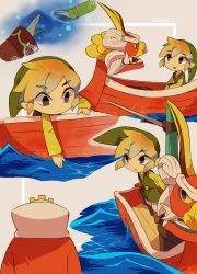 Rule 34 | 2boys, black eyes, blonde hair, boat, boots, child, daphnes nohansen hyrule, hat, highres, king, leggings, link, multiple boys, nintendo, pointy ears, the king of red lions, the legend of zelda, the legend of zelda: the wind waker, tokuura, tunic, twitter username, water, watercraft