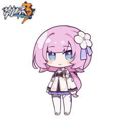 Rule 34 | 1girl, bare shoulders, blush stickers, breasts, chibi, cleavage, closed mouth, copyright name, dress, elysia (honkai impact), eta, full body, honkai (series), honkai impact 3rd, long sleeves, looking at viewer, low ponytail, pink hair, ponytail, simple background, sleeves past wrists, small breasts, smile, solo, standing, thighhighs, white background, white dress