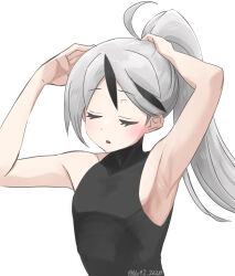 Rule 34 | 1boy, ahoge, armpits, arms up, bare arms, black shirt, blush, closed eyes, high ponytail, highres, library of ruina, long hair, male focus, moribe denkou, multicolored hair, parted lips, project moon, shirt, simple background, sleeveless, sleeveless shirt, solo, streaked hair, trap, very long hair, white background, white hair, yan vismok