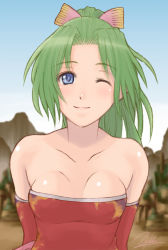 Rule 34 | 1990s (style), 1girl, bare shoulders, blue eyes, bow, breasts, female focus, final fantasy, final fantasy vi, green hair, hair bow, long hair, one eye closed, outdoors, signature, sketch, sky, small breasts, smile, solo, tina branford, wink, yukihiro