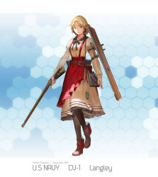 Rule 34 | 10s, 1girl, 2015, apron, belt, blonde hair, boots, canteen, cross-laced footwear, dress, full body, gradient background, gun, highres, honeycomb (pattern), honeycomb background, honeycomb pattern, jeanex, kantai collection, lace-up boots, musket, neck ribbon, pacific (kancolle), pantyhose, ribbon, solo, suspenders, uss langley (cv-1), weapon