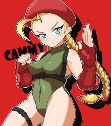 Rule 34 | 1girl, absurdres, ahoge, blonde hair, blue eyes, braid, breasts, cammy white, capcom, character name, chest harness, cowboy shot, fingerless gloves, gloves, green leotard, harness, highleg, highleg leotard, highres, huge ahoge, leotard, long hair, omura zojiki, red gloves, small breasts, solo, street fighter, twin braids