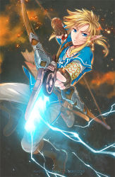 Rule 34 | 1boy, blonde hair, blue eyes, bow (weapon), earrings, gloves, jewelry, link, long hair, lowah, male focus, nintendo, pointy ears, ponytail, solo, the legend of zelda, the legend of zelda: breath of the wild, weapon
