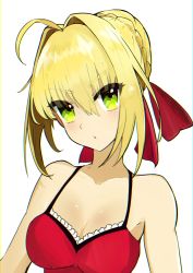 Rule 34 | 1girl, absurdres, ahoge, bad id, bad pixiv id, bare shoulders, blonde hair, blush, braid, breasts, cleavage, collarbone, dress, fate/extra, fate/extra ccc, fate (series), french braid, green eyes, hair between eyes, hair bun, hair intakes, hair ribbon, highres, large breasts, long hair, looking at viewer, nero claudius (fate), nero claudius (fate) (all), nero claudius (fate/extra), official alternate costume, ofudou, open mouth, red dress, red ribbon, ribbon, simple background, single hair bun, solo, white background