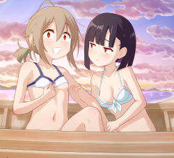 Rule 34 | 2girls, ahoge, arm grab, beach, bikini, black hair, boat, breasts, cleavage, cloud, cloudy sky, do it yourself!!, evening, gplnbeat, highres, light blush, light brown hair, looking at another, medium hair, mountainous horizon, multiple girls, navel, ocean, open mouth, outdoors, ponytail, pout, red eyes, short hair, sky, small breasts, smile, suride miku, swimsuit, watercraft, yua serufu, yuri
