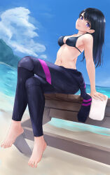 Rule 34 | 1girl, absurdres, arm support, barefoot, beach, bikini, bikini under clothes, blue bikini, blue hair, bodysuit, breasts, closed mouth, cloud, cloudy sky, collarbone, day, diving suit, dutch angle, feet, full body, highres, leaning back, legs, long hair, medium breasts, mossan (mossan-777), nail polish, navel, original, outdoors, parted bangs, partially undressed, pink nails, purple eyes, sitting, skin tight, sky, solo, stomach, swept bangs, swimsuit, thighs, toenail polish, toenails, toes, tongue, tongue out, wetsuit
