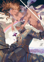 Rule 34 | 1boy, 1girl, angel, armor, blonde hair, breastplate, closed eyes, closed mouth, clothed male nude female, cloud, cloudy sky, couter, fantasy, faulds, fingernails, floating, floating hair, flower, from side, full armor, gauntlets, greaves, hand up, helmet, holding, holding weapon, horseback riding, knight, lance, manly, nude, outdoors, pauldrons, pixiv fantasia, pixiv fantasia fallen kings, plate armor, polearm, rainbow, rei (sanbonzakura), riding, saddle, shoulder armor, sky, star (sky), starry sky, weapon