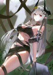 Rule 34 | 1girl, absurdres, arknights, arm strap, bare shoulders, bikini, black bikini, black choker, breasts, choker, commentary, grey hair, highres, horns, large breasts, long hair, looking at viewer, maanu, mudrock (arknights), mudrock (silent night) (arknights), official alternate costume, parted lips, pointy ears, red eyes, sarong, solo, stomach, swimsuit, thighs, underboob, very long hair