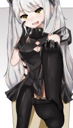 Rule 34 | 1girl, absurdres, black dress, black gloves, black thighhighs, blush, box, breasts, commentary, destroyer (girls&#039; frontline), dress, fang, feet, foot focus, foot out of frame, girls&#039; frontline, gloves, hand on own face, hand on own knee, highres, leg up, long hair, looking at viewer, looking down, medium breasts, no shoes, on box, open mouth, sangvis ferri, simple background, sitting, skin fang, sleeveless, smile, soles, solo, sweatdrop, thighhighs, tist, twintails, very long hair, white hair, yellow eyes