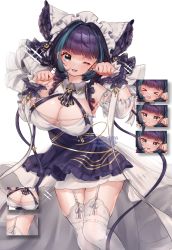 Rule 34 | 1girl, absurdres, animal ears, apron, aqua hair, azur lane, bare shoulders, breasts, cat ears, cheshire (azur lane), cleavage, detached sleeves, dress, expressions, fake animal ears, fang, frilled hairband, frills, garter straps, hairband, highres, large breasts, looking at viewer, nya nyan, one eye closed, paw pose, puffy detached sleeves, puffy short sleeves, puffy sleeves, purple apron, purple hair, shiny skin, short sleeves, simple background, skin fang, solo, thighhighs, thighs, white background, white dress, white thighhighs, wrist cuffs