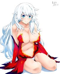 Rule 34 | 1girl, artemis (fate), artemis (third ascension) (fate), bad perspective, bare shoulders, blue eyes, breasts, cleavage, colored eyelashes, fate (series), full body, highres, large breasts, long hair, looking at viewer, mattari yufi, medium breasts, navel, signature, simple background, sitting, smile, solo, thighs, very long hair, wavy hair, white background, white hair