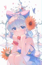 Rule 34 | 1girl, absurdres, blue bow, blue dress, blue eyes, blue hair, bow, cindy717, cirno, closed mouth, collarbone, detached wings, dress, fairy, flower, hair bow, highres, ice, ice wings, looking at viewer, short hair, solo, squatting, sunflower, touhou, wings, yellow flower