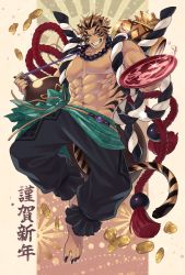 Rule 34 | 1boy, :d, abs, aion kiu, animal ears, baggy pants, bara, bare pectorals, bead necklace, beads, black hair, blue eyes, bottle, chinese zodiac, costume request, cup, fingernails, forked eyebrows, full body, gold, grin, happy new year, highres, jewelry, jumping, large pectorals, long sideburns, male focus, multicolored hair, muscular, muscular male, navel, navel hair, necklace, new year, nipples, open mouth, orange hair, original, oversized object, pants, pectorals, sakazuki, sake bottle, sharp fingernails, short hair, sideburns, smile, solo, stomach, tail, thick eyebrows, tiger boy, tiger ears, tiger tail, translation request, two-tone hair, year of the tiger
