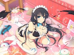 Rule 34 | 1girl, accident, apron, arm under breasts, armband, ass, bare hips, bare shoulders, bikini, black bikini, black hair, blue eyes, breast press, breasts, butt crack, cleavage, embarrassed, falling, feet, hand on breast, ikaruga (senran kagura), knees, large breasts, legs, legs apart, long hair, long legs, looking up, lying on ground, maid, maid apron, maid bikini, maid headdress, restaurant, revealing clothes, ribbon, senran kagura, shoes, unworn shoes, sideboob, solo, swimsuit, thick thighs, thighhighs, thighs, torn clothes, torn thighhighs, unconventional maid, waitress, white thighhighs