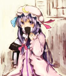 Rule 34 | 1girl, book, crescent, female focus, hair ribbon, hat, long hair, makuwauri, patchouli knowledge, perfect cherry blossom, purple eyes, purple hair, ribbon, scarf, solo, touhou
