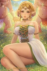 Rule 34 | 1girl, 2boys, bare shoulders, blonde hair, braid, choker, circlet, crown braid, dress, highres, jewelry, lips, multiple boys, necklace, nintendo, outdoors, pointy ears, princess zelda, prywinko, see-through, see-through dress, short hair, sitting, skull necklace, solo focus, strapless, strapless dress, the legend of zelda, the legend of zelda: tears of the kingdom, yellow eyes