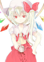 Rule 34 | 1girl, bad id, bad pixiv id, blonde hair, cup, female focus, flandre scarlet, hat, mob cap, ponytail, red eyes, ribbon, short hair, simple background, solo, standing, tetsuo (tashirosu), touhou, white background, wings