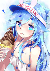 Rule 34 | !, 1girl, bare arms, bare shoulders, bemani, bikini, blue eyes, blue hair, blue hat, collarbone, commentary, food, food on face, hat, highres, holding, holding food, ice cream, ice cream cone, ice cream on face, kie (yospcd), long hair, looking at viewer, noah (sound voltex), short eyebrows, soft serve, solo, sound voltex, swimsuit, thick eyebrows, tongue, tongue out, upper body, very long hair, visor cap, white bikini