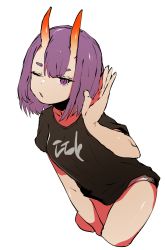 Rule 34 | 1girl, alternate costume, between legs, black shirt, bob cut, cowboy shot, cropped legs, ddari, fate/grand order, fate (series), fingernails, hand between legs, hand up, highres, horns, looking at viewer, one eye closed, parted lips, purple eyes, purple hair, shirt, short sleeves, shuten douji (fate), simple background, skin-covered horns, slit pupils, solo, white background