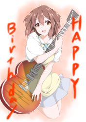 Rule 34 | 1girl, :d, absurdres, brown eyes, brown hair, collared shirt, electric guitar, english text, guitar, hair between eyes, happy birthday, highres, hirasawa yui, instrument, jumping, k-on!, kameponde, miniskirt, no hairclip, hugging object, open mouth, round teeth, school uniform, shirt, short hair, skirt, smile, solo, sweater vest, teeth
