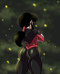 Rule 34 | 1girl, ass, bodysuit, breasts, chi-chi (dragon ball), commentary, cosplay, cowboy shot, crossed arms, dragon ball, dragon ball super, embers, english commentary, from behind, funsexydb, gloves, hair tubes, highres, large breasts, ponytail, sidelocks, skin tight, solo