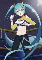 Rule 34 | 1girl, aoki ao, blue eyes, blush, boxing ring, clenched hands, clothing cutout, fingernails, fitness boxing, hair ornament, hatsune miku, highres, long hair, looking at viewer, midriff, nail polish, navel, open mouth, pants, shoulder cutout, shrug (clothing), solo, sports bra, twintails, very long hair, vocaloid